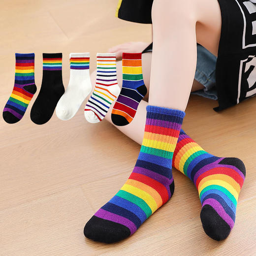 【5双装 七彩彩虹儿童袜子】秋冬季中筒袜男女童厚宝宝袜小孩袜学生袜中大童 商品图6