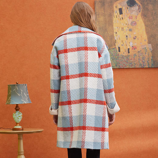 欧芮儿2019秋冬长袖翻领大衣百搭条纹格子毛呢外套女中长 商品图1