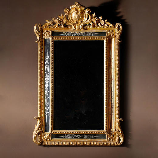 独角鹿西洋古董法国路易十六风茛苕花鎏金灰墁浮雕木质方形挂镜子 商品图0