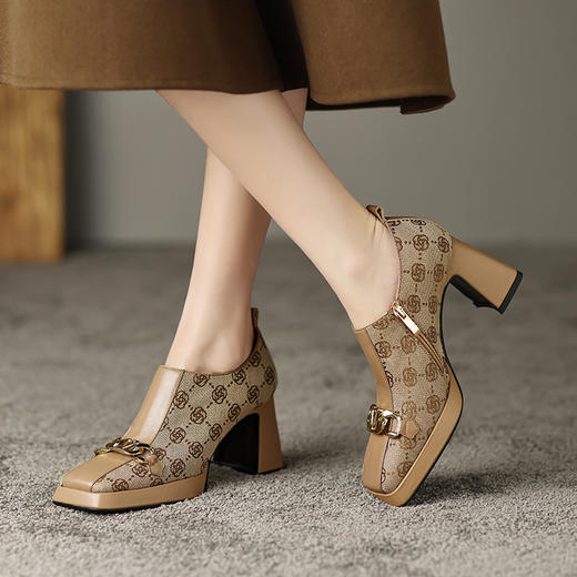 复古优雅，真皮拼接粗跟高跟鞋DP-9182 商品图3