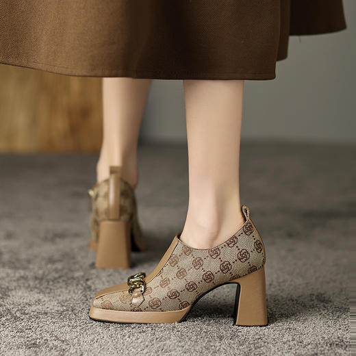 复古优雅，真皮拼接粗跟高跟鞋DP-9182 商品图6