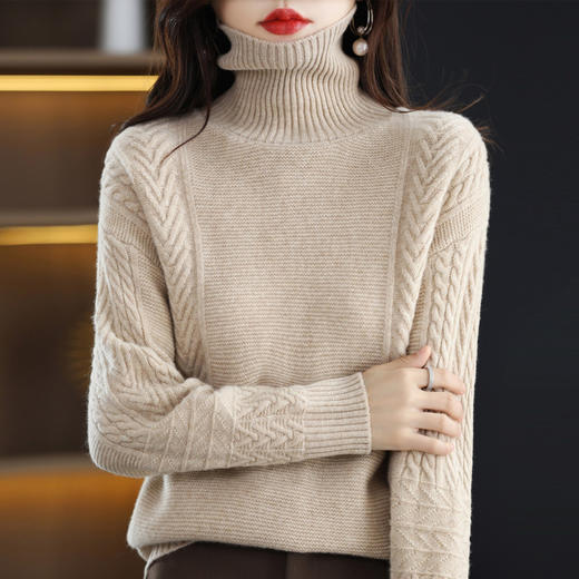QHJY-JYJH2284冬季新款休闲慵懒毛衣100羊毛打底衫厚韩版宽松绞花高领羊毛衫 商品图2