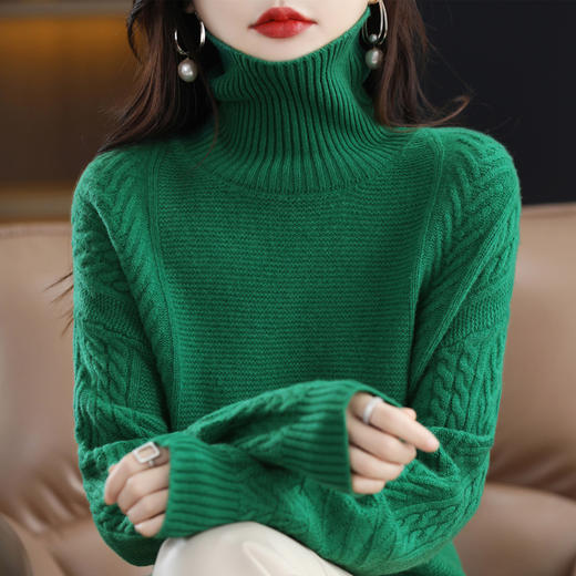 QHJY-JYJH2284冬季新款休闲慵懒毛衣100羊毛打底衫厚韩版宽松绞花高领羊毛衫 商品图7