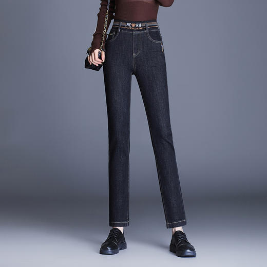 简约时尚牛仔裤松紧腰修身高腰气质小脚裤大码长裤MYX-8056 商品图1