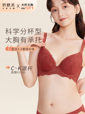 奶糖派大杯文胸告白分胸型4.0防下垂蕾丝上托大胸内衣本命年红