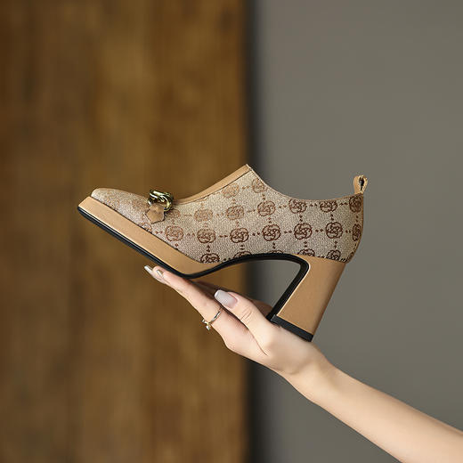 复古优雅，真皮拼接粗跟高跟鞋DP-9182 商品图1