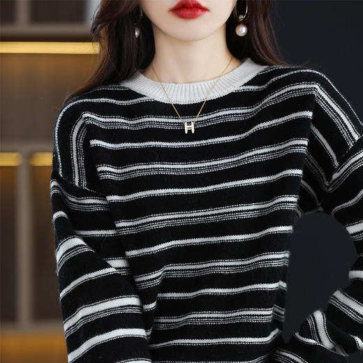 QHJY-JYTW2238新款加厚羊毛衫100羊毛打底衫撞色条纹韩版宽松慵懒针织毛衣 商品图3
