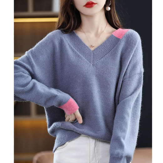 QHJY-JYZS2250新款韩版宽松套头针织衫拼接撞色外搭打底衫毛衣上衣 商品图2