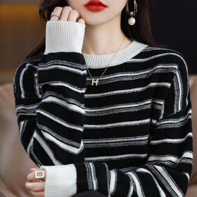 QHJY-JYTW2238新款加厚羊毛衫100羊毛打底衫撞色条纹韩版宽松慵懒针织毛衣