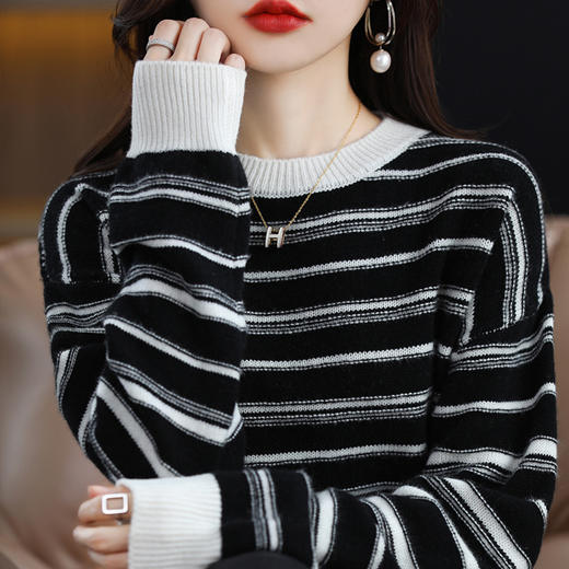 QHJY-JYTW2238新款加厚羊毛衫100羊毛打底衫撞色条纹韩版宽松慵懒针织毛衣 商品图0