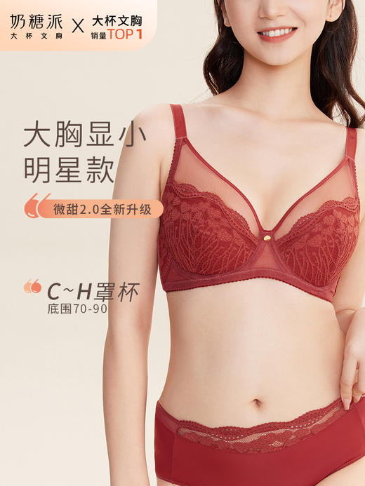 奶糖派大杯文胸微甜2.0蕾丝全罩杯内衣大胸显小防凸点本命年胸罩 商品图0
