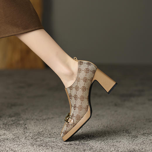 复古优雅，真皮拼接粗跟高跟鞋DP-9182 商品图5