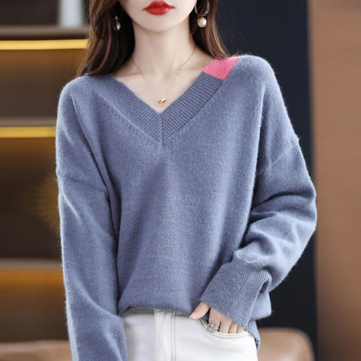 QHJY-JYZS2250新款韩版宽松套头针织衫拼接撞色外搭打底衫毛衣上衣 商品图4