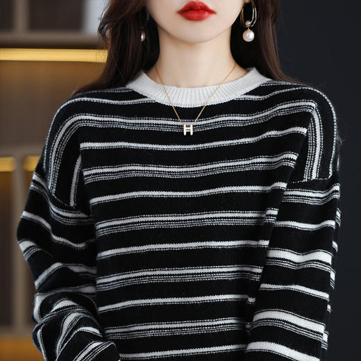 QHJY-JYTW2238新款加厚羊毛衫100羊毛打底衫撞色条纹韩版宽松慵懒针织毛衣 商品图1