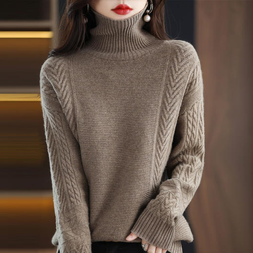 QHJY-JYJH2284冬季新款休闲慵懒毛衣100羊毛打底衫厚韩版宽松绞花高领羊毛衫 商品图1