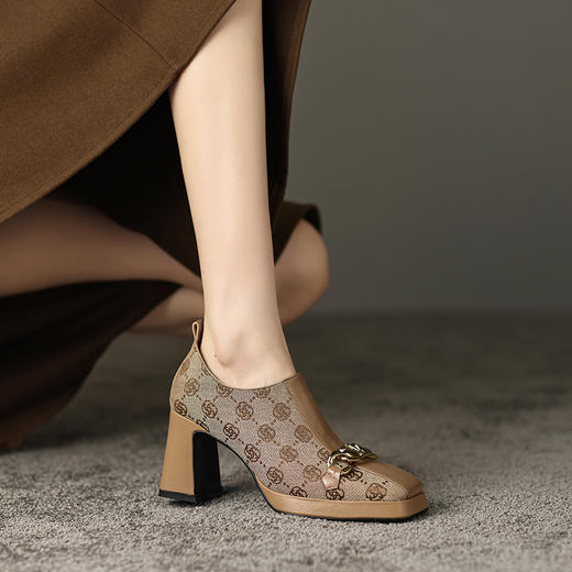 复古优雅，真皮拼接粗跟高跟鞋DP-9182 商品图0