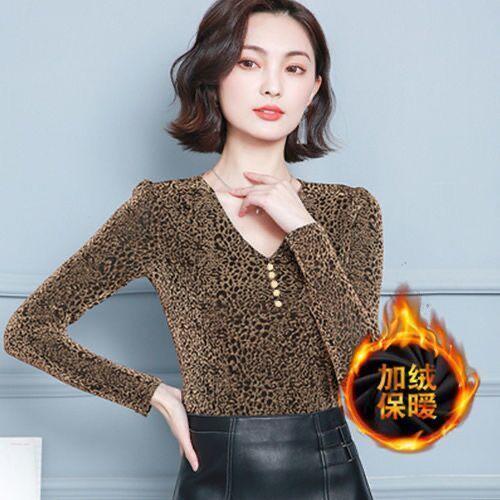 2021春秋新款豹纹百搭女士v领打底衫网纱洋气T恤显瘦遮肚早秋上衣 商品图4