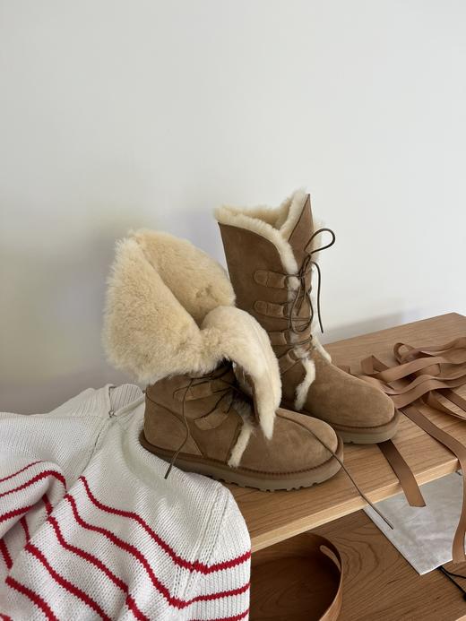 河南桑坡雪地靴 女神两穿款高筒/中筒 系带丝带款羊皮毛一体栗色 商品图3