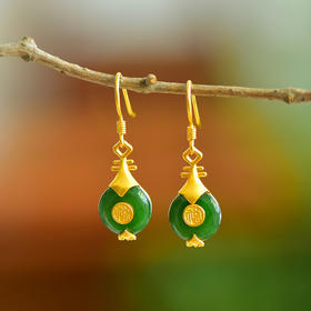 JX12279-6新款中式银镀金福字琵琶镶平安扣和田碧玉耳坠