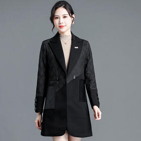 QYM-DFN-A2662-L新款时尚优雅气质西装领长袖拼接中长款加绒加厚保暖外套