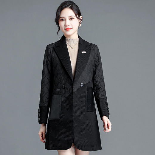 QYM-DFN-A2662-L新款时尚优雅气质西装领长袖拼接中长款加绒加厚保暖外套 商品图0