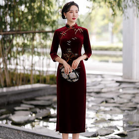酒红色中式修身立领七分袖走秀中国风旗袍ST-B8059