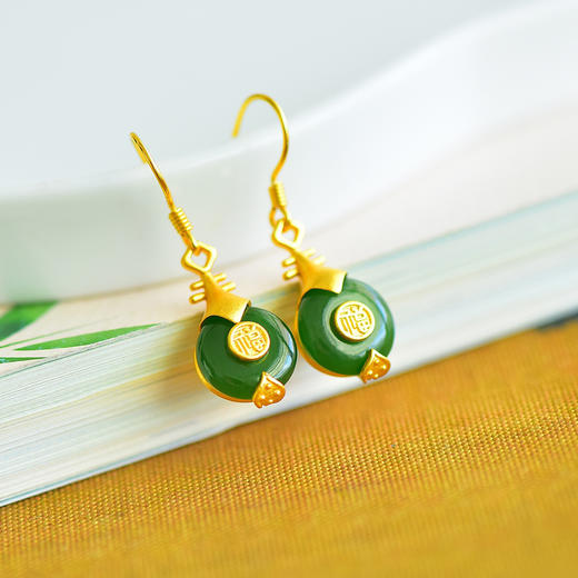 JX12279-6新款中式银镀金福字琵琶镶平安扣和田碧玉耳坠 商品图2