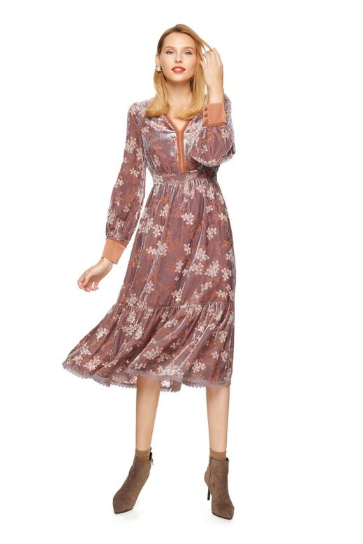 AVA 藕粉色烧花V领连衣裙 8607 商品图0