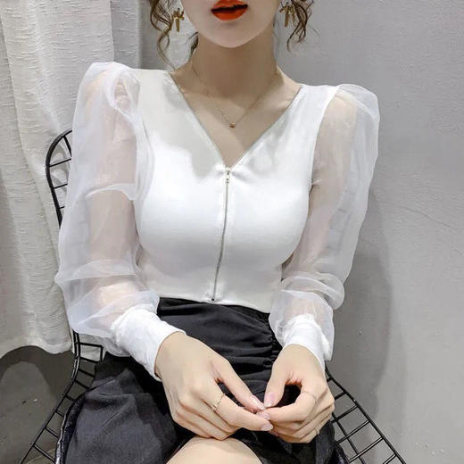 V领拼接网纱泡泡长袖T恤打底衫女装2021春季新款洋气修身ins上衣 商品图3