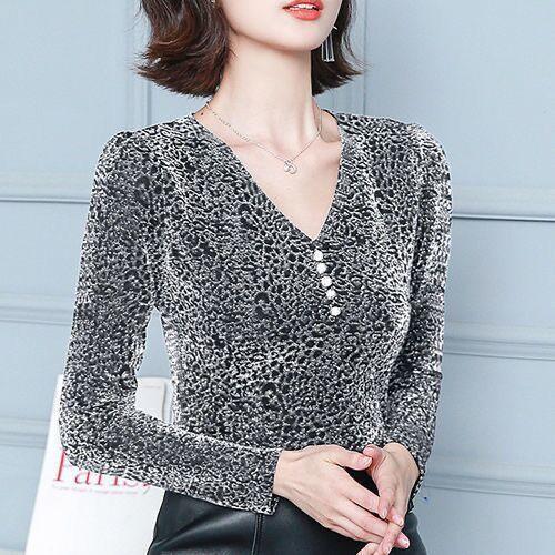 2021春秋新款豹纹百搭女士v领打底衫网纱洋气T恤显瘦遮肚早秋上衣 商品图1