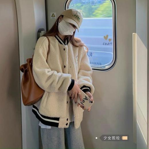 【简易时尚百搭加厚羊羔毛外套】棒球服女ins潮2022年新款秋冬季韩版宽松加绒加厚羊羔毛外套 商品图2