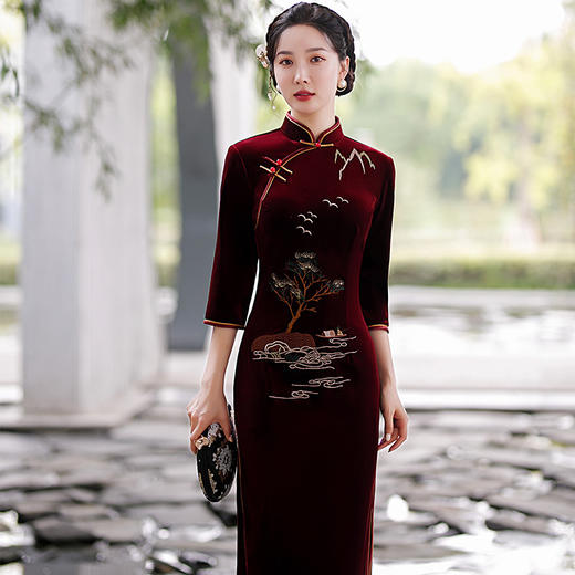 酒红色中式修身立领七分袖走秀中国风旗袍ST-B8059 商品图1