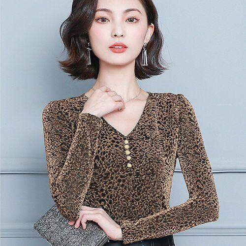 2021春秋新款豹纹百搭女士v领打底衫网纱洋气T恤显瘦遮肚早秋上衣 商品图0