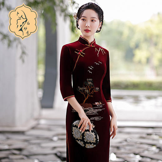 酒红色中式修身立领七分袖走秀中国风旗袍ST-B8059 商品图2