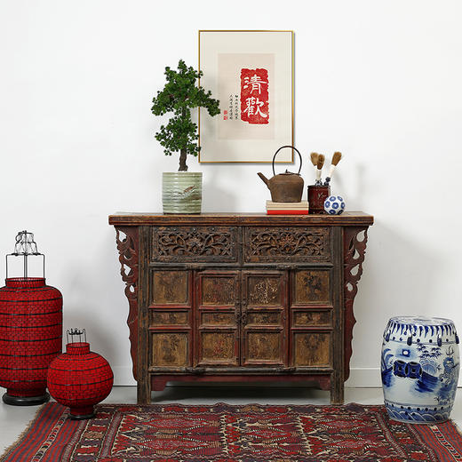 中式山西老旧焖桌供桌案供台玄关餐边柜明清家具朱红漆彩绘包老 商品图1