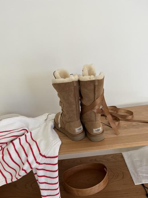 河南桑坡雪地靴 女神两穿款高筒/中筒 系带丝带款羊皮毛一体栗色 商品图4