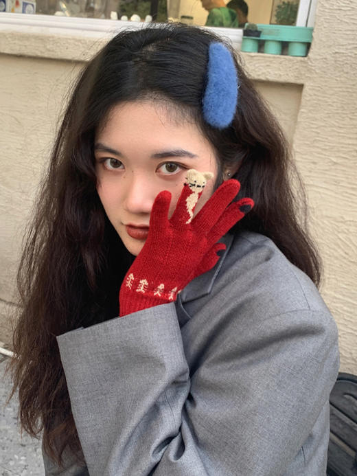 【圣诞软糯猫咪手套 可触屏超保暖】触屏圣诞红色分指手套女冬天学生可爱韩版加厚毛绒骑行保暖冬季潮 商品图1