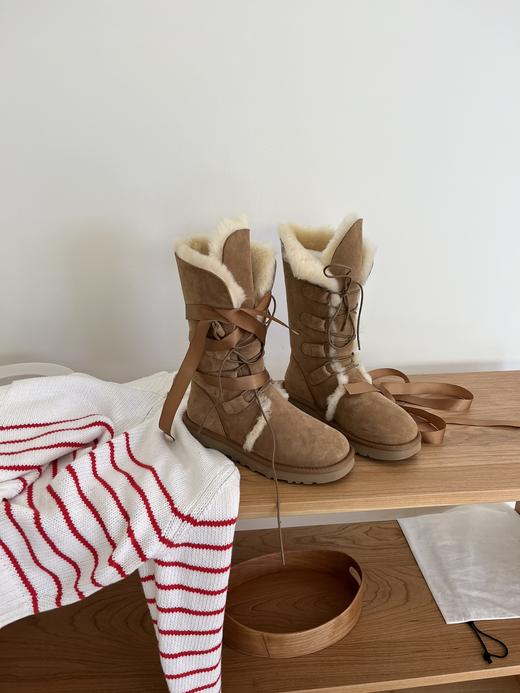河南桑坡雪地靴 女神两穿款高筒/中筒 系带丝带款羊皮毛一体栗色 商品图5