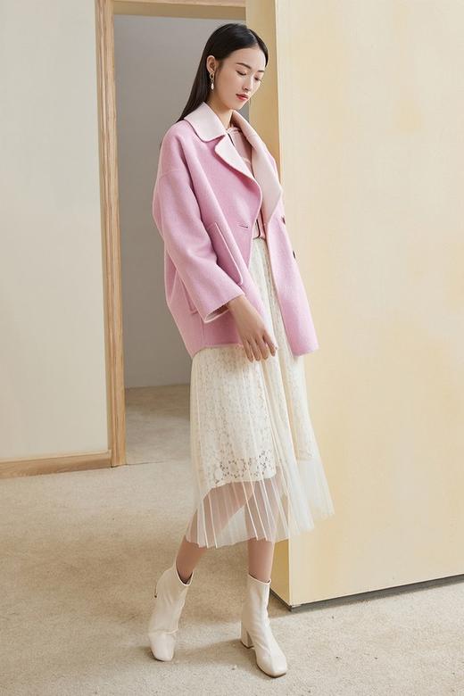 三COLOUR 粉色翻领短款双面呢大衣 10377 商品图1