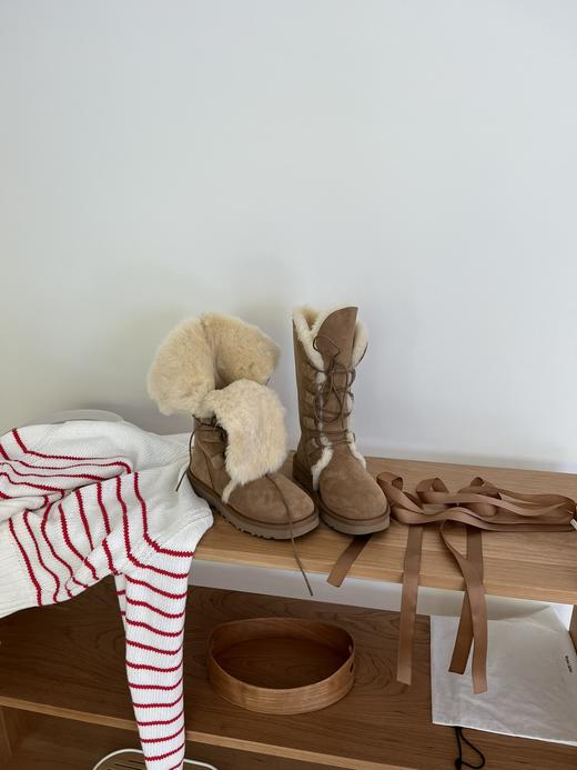 河南桑坡雪地靴 女神两穿款高筒/中筒 系带丝带款羊皮毛一体栗色 商品图7