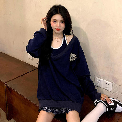 卫衣女春秋季薄款2021新款v领两件套美式外套设计感小众上衣潮ins 商品图4