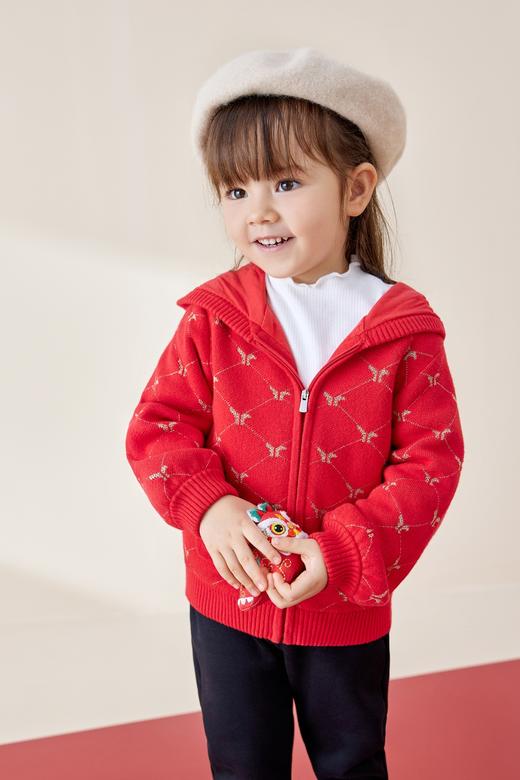 英氏童装新年装女童连帽毛线外套女宝加绒针织拉链衫YRWGJ42336A 商品图1