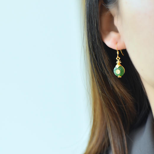 JX12279-6新款中式银镀金福字琵琶镶平安扣和田碧玉耳坠 商品图1