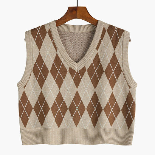 v领菱格马甲女外搭春秋季2021年新款复古叠穿针织背心短款坎肩 商品图2
