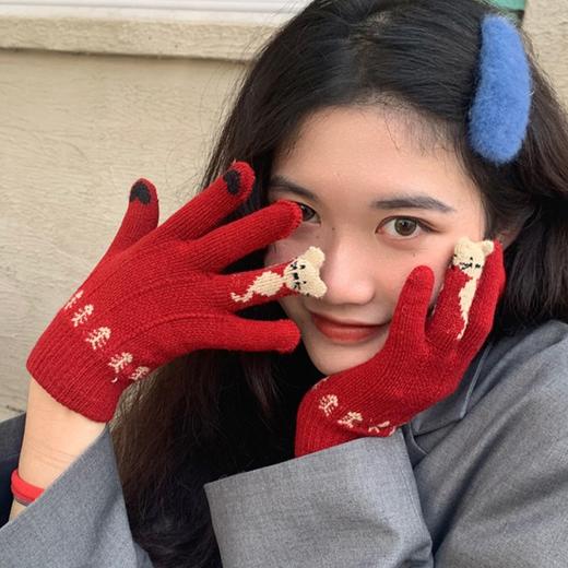 【圣诞软糯猫咪手套 可触屏超保暖】触屏圣诞红色分指手套女冬天学生可爱韩版加厚毛绒骑行保暖冬季潮 商品图0