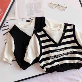 日韩童装男童秋季假两件条纹T恤2021新款儿童宝宝长袖打底衫卫衣