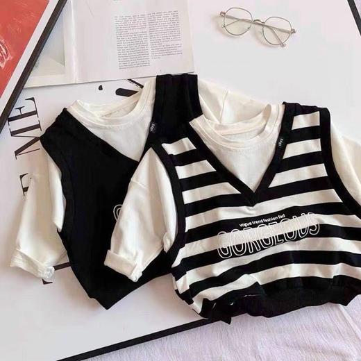 日韩童装男童秋季假两件条纹T恤2021新款儿童宝宝长袖打底衫卫衣 商品图0