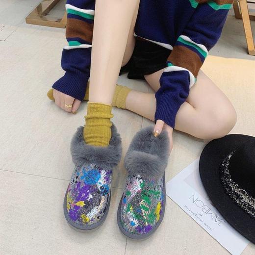 雪地靴女2022年新款时尚亮片网红一脚蹬短筒靴百搭冬加绒加厚棉鞋 商品图7