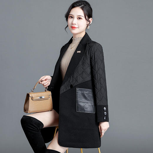 QYM-DFN-A2662-L新款时尚优雅气质西装领长袖拼接中长款加绒加厚保暖外套 商品图1
