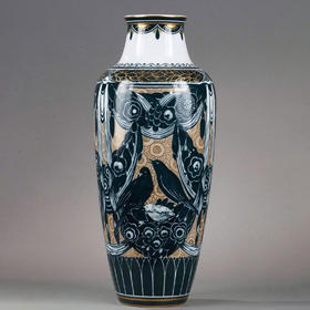 独角鹿西洋古董赛弗尔瓷器Alencon器形画师手绘雀鸟主题瓷瓶